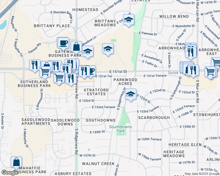 map of restaurants, bars, coffee shops, grocery stores, and more near 1835 South Lennox Drive in Olathe