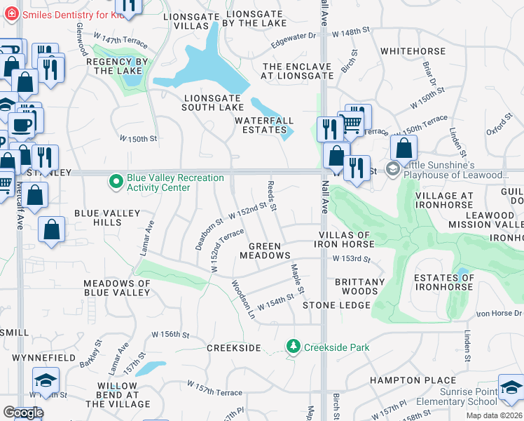 map of restaurants, bars, coffee shops, grocery stores, and more near 15201 Outlook Street in Overland Park