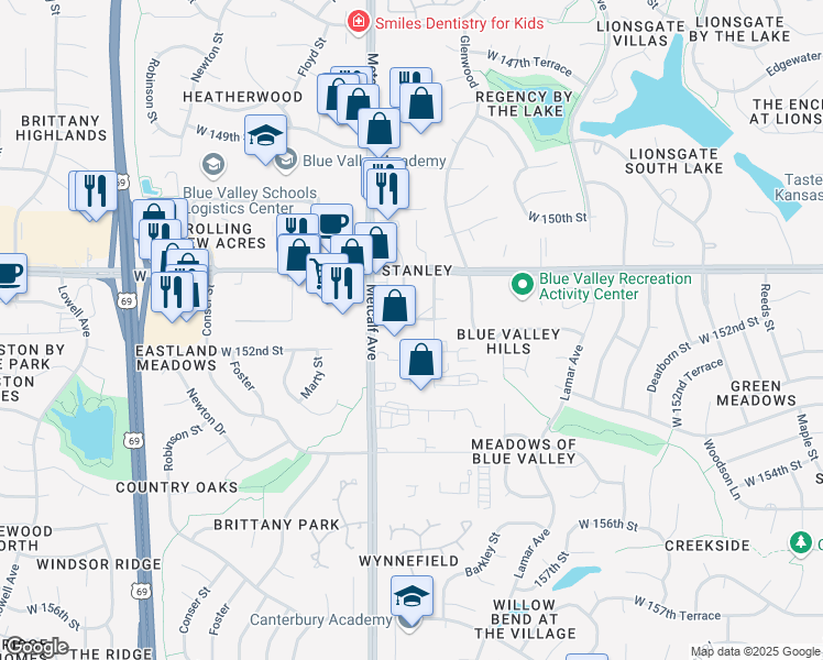map of restaurants, bars, coffee shops, grocery stores, and more near 6927 West 151st Terrace in Overland Park