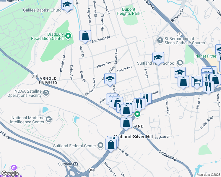 map of restaurants, bars, coffee shops, grocery stores, and more near 4650 Towne Park Road in Suitland-Silver Hill