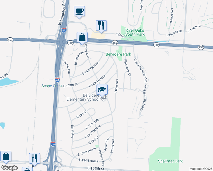 map of restaurants, bars, coffee shops, grocery stores, and more near 6407 East 150th Street in Grandview