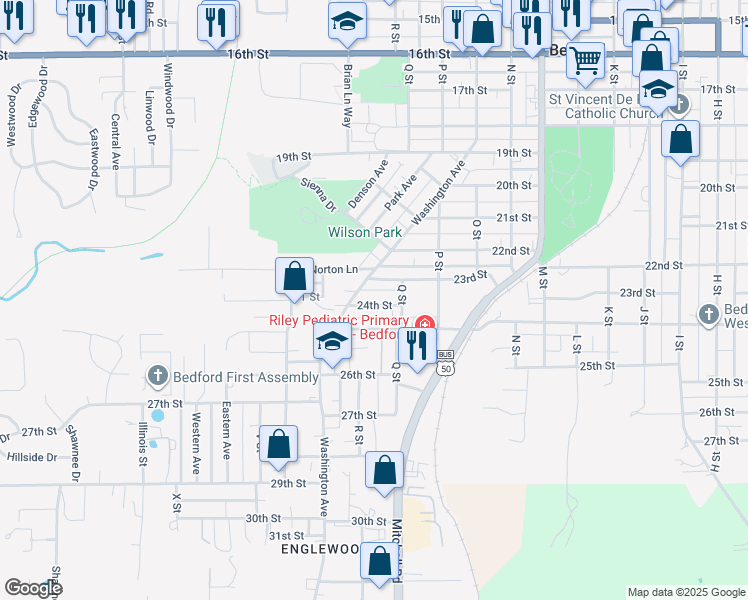 map of restaurants, bars, coffee shops, grocery stores, and more near 1725 24th Street in Bedford