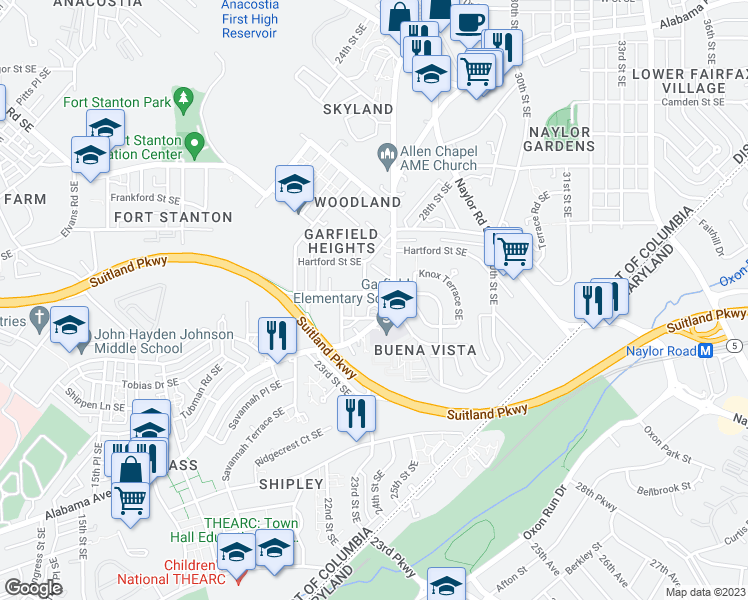 map of restaurants, bars, coffee shops, grocery stores, and more near 2431 Irving Street Southeast in Washington