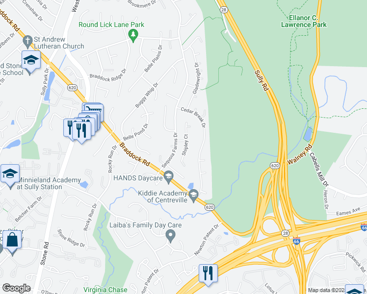 map of restaurants, bars, coffee shops, grocery stores, and more near 5522 Shipley Court in Centreville