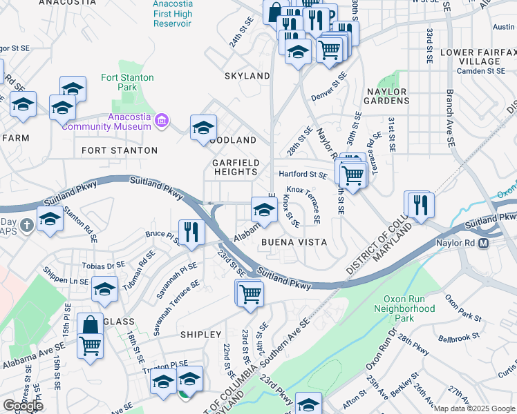 map of restaurants, bars, coffee shops, grocery stores, and more near 2431 Irving Street Southeast in Washington