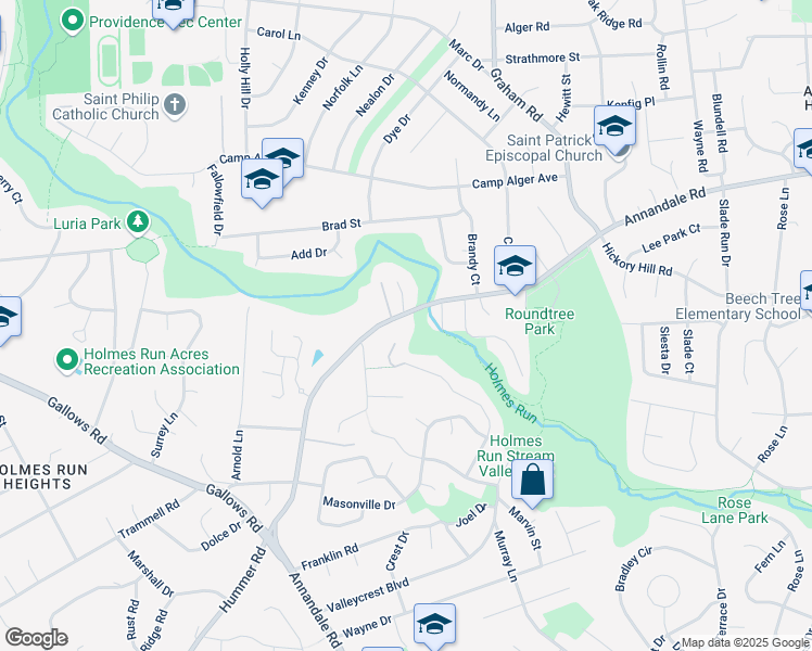 map of restaurants, bars, coffee shops, grocery stores, and more near 3399 Annandale Road in Falls Church
