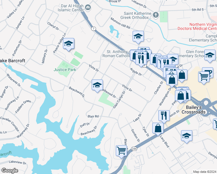 map of restaurants, bars, coffee shops, grocery stores, and more near 3337 Freedom Place in Falls Church