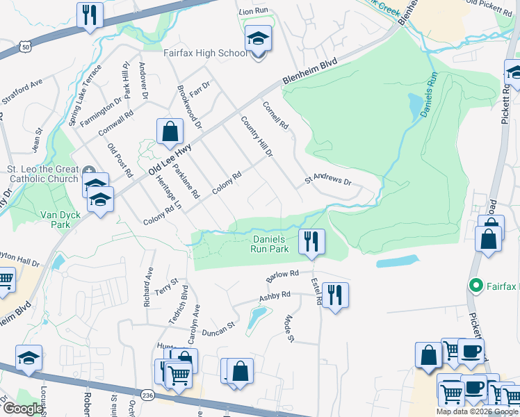 map of restaurants, bars, coffee shops, grocery stores, and more near 9816 McLearen Ct in Fairfax