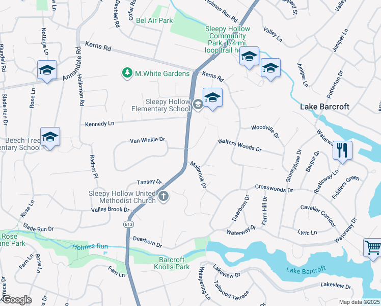 map of restaurants, bars, coffee shops, grocery stores, and more near 6223 Homespun Lane in Falls Church