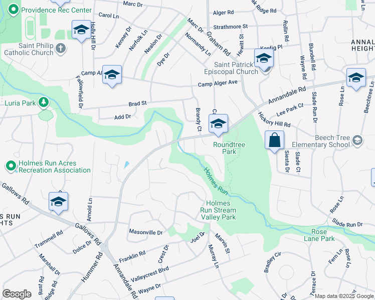 map of restaurants, bars, coffee shops, grocery stores, and more near 3405 Hockett Street in Falls Church