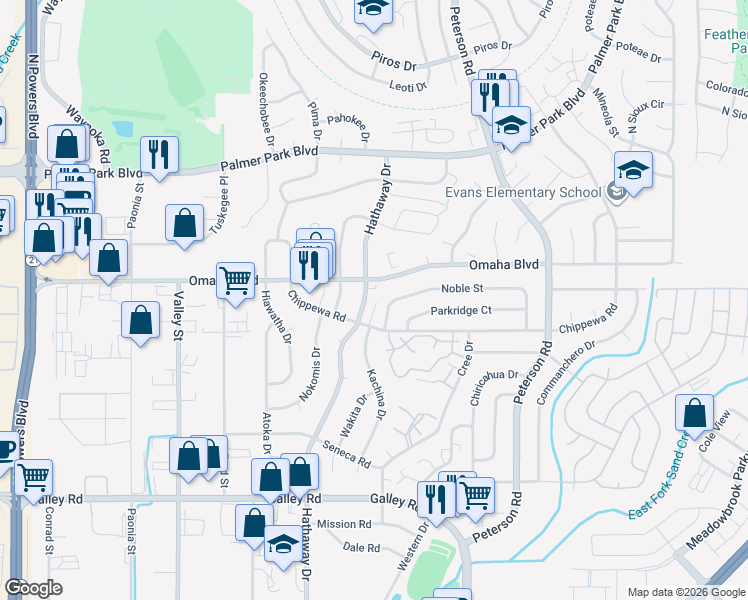 map of restaurants, bars, coffee shops, grocery stores, and more near 1455 Hathaway Drive in Colorado Springs