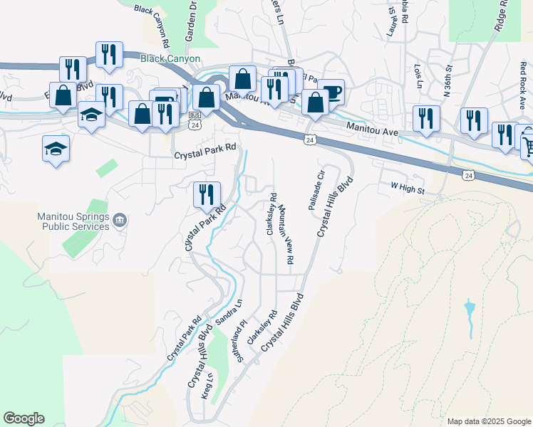 map of restaurants, bars, coffee shops, grocery stores, and more near 5 Mountain View Lane in Manitou Springs