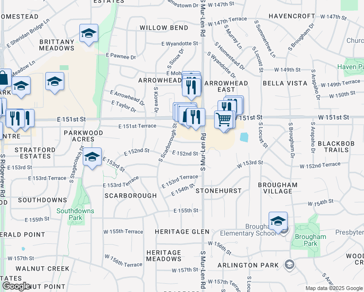 map of restaurants, bars, coffee shops, grocery stores, and more near 2105 East 151st Terrace in Olathe