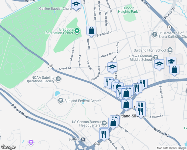 map of restaurants, bars, coffee shops, grocery stores, and more near 2643 Darel Drive in Hillcrest Heights