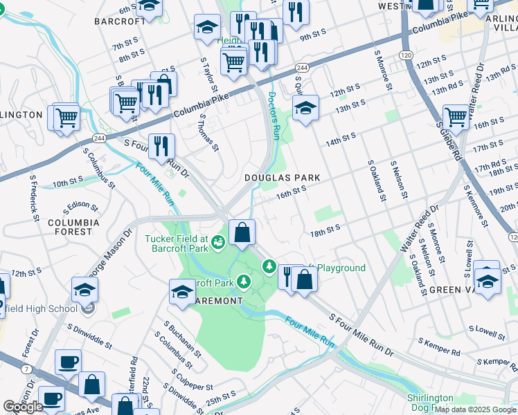 map of restaurants, bars, coffee shops, grocery stores, and more near 1604 South Taylor Street in Arlington
