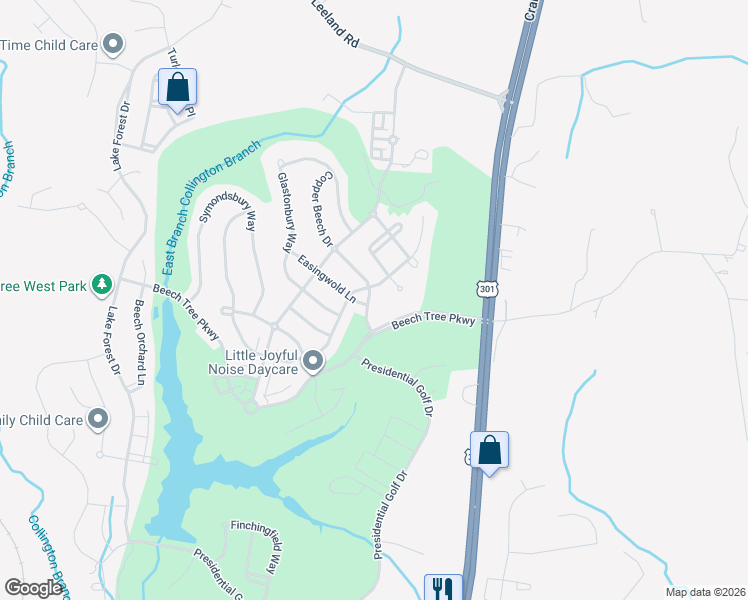 map of restaurants, bars, coffee shops, grocery stores, and more near 15802 Copper Beech Drive in Upper Marlboro