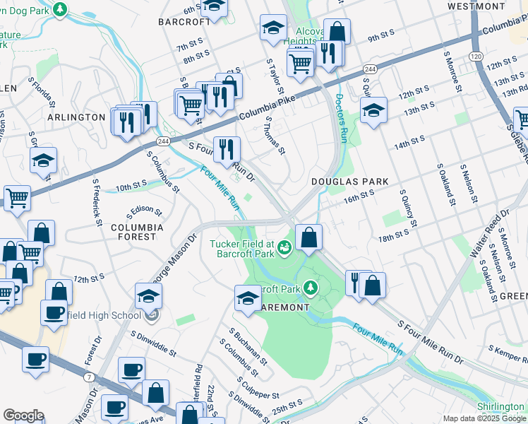 map of restaurants, bars, coffee shops, grocery stores, and more near 1504 South George Mason Drive in Arlington