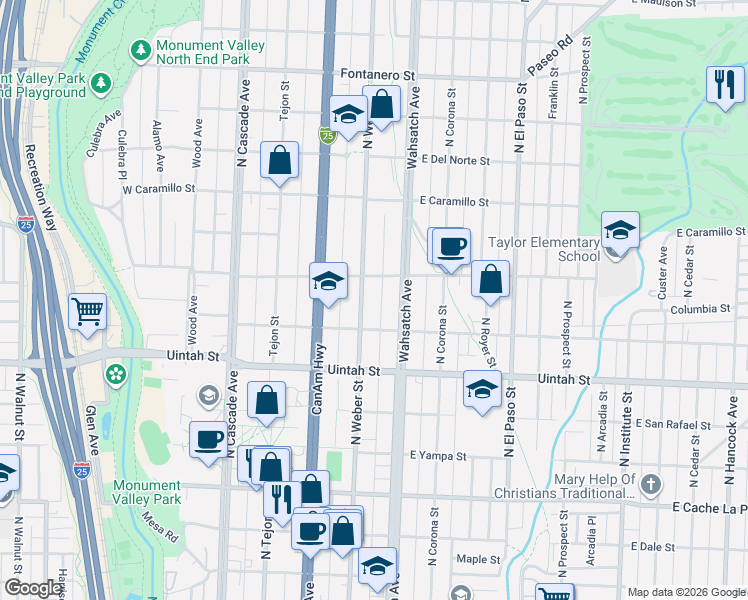 map of restaurants, bars, coffee shops, grocery stores, and more near 1327 North Weber Street in Colorado Springs