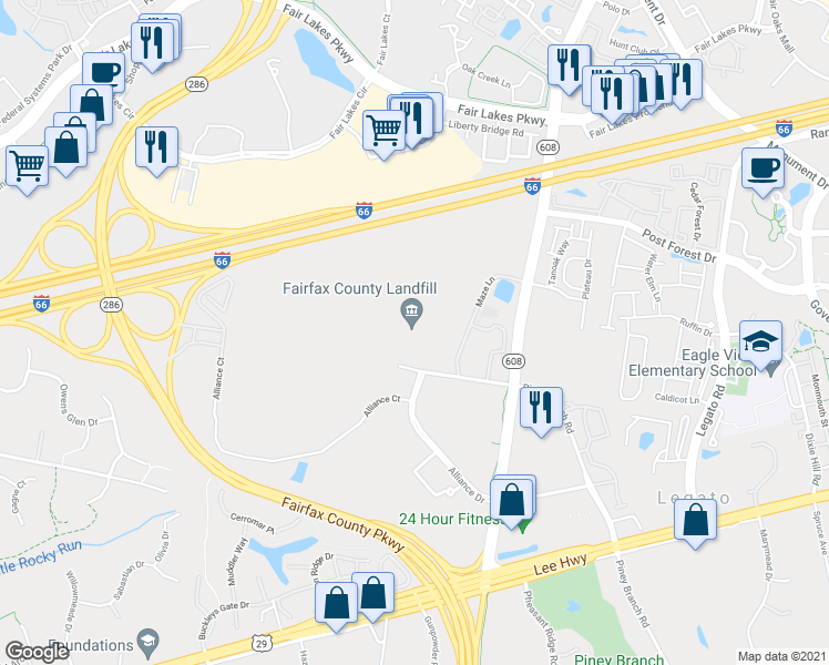 map of restaurants, bars, coffee shops, grocery stores, and more near 4618 West Ox Road in Fairfax