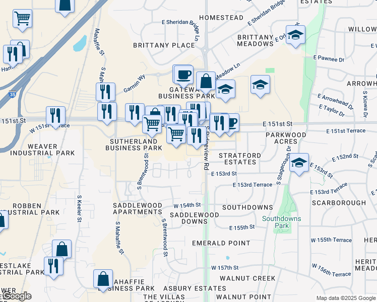 map of restaurants, bars, coffee shops, grocery stores, and more near 1837 South Ridgeview Road in Olathe