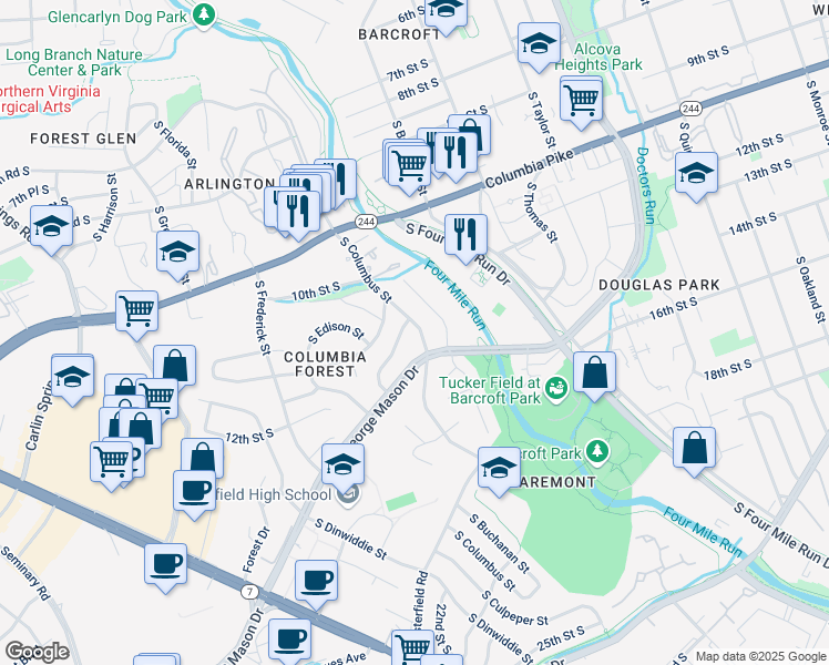 map of restaurants, bars, coffee shops, grocery stores, and more near 1208 South Columbus Street in Arlington