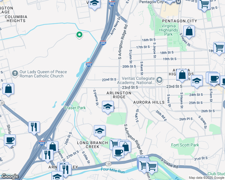 map of restaurants, bars, coffee shops, grocery stores, and more near 1316 23rd Street South in Arlington