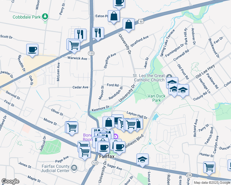 map of restaurants, bars, coffee shops, grocery stores, and more near 3708 Randolph Street in Fairfax
