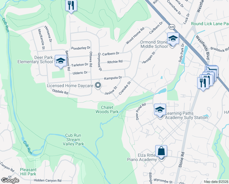 map of restaurants, bars, coffee shops, grocery stores, and more near 14915 Jaslow Street in Centreville