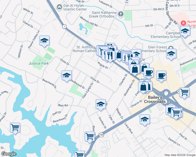 map of restaurants, bars, coffee shops, grocery stores, and more near 6034 Vista Drive in Bailey's Crossroads