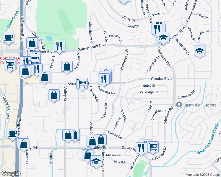 map of restaurants, bars, coffee shops, grocery stores, and more near 1450 Nokomis Drive in Colorado Springs