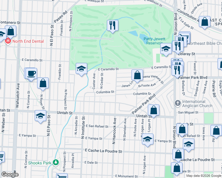 map of restaurants, bars, coffee shops, grocery stores, and more near 1114 Columbia Street in Colorado Springs