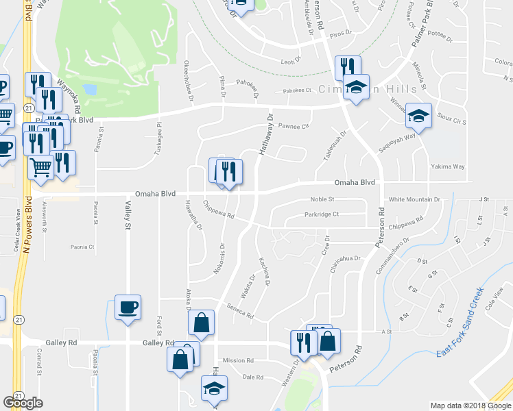 map of restaurants, bars, coffee shops, grocery stores, and more near 1455 Hathaway Drive in Colorado Springs