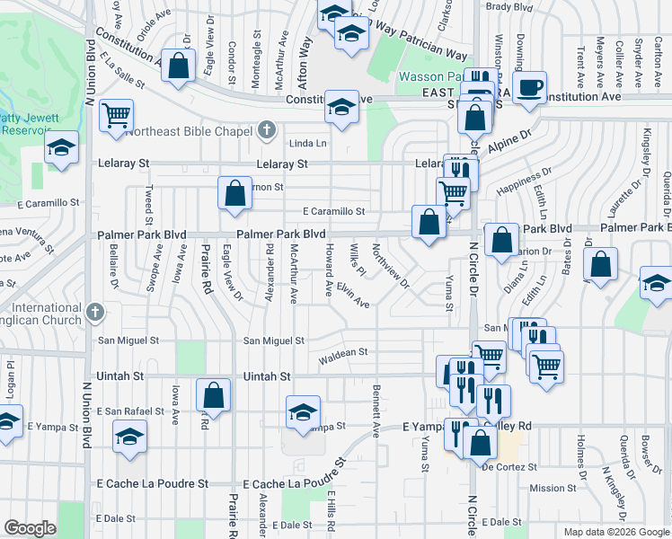 map of restaurants, bars, coffee shops, grocery stores, and more near 1441 Howard Avenue in Colorado Springs