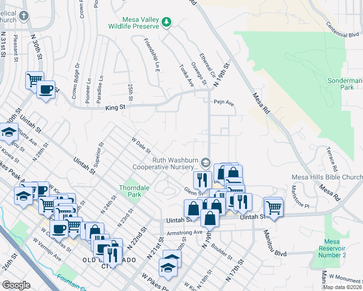 map of restaurants, bars, coffee shops, grocery stores, and more near 980 Columbine Avenue in Colorado Springs
