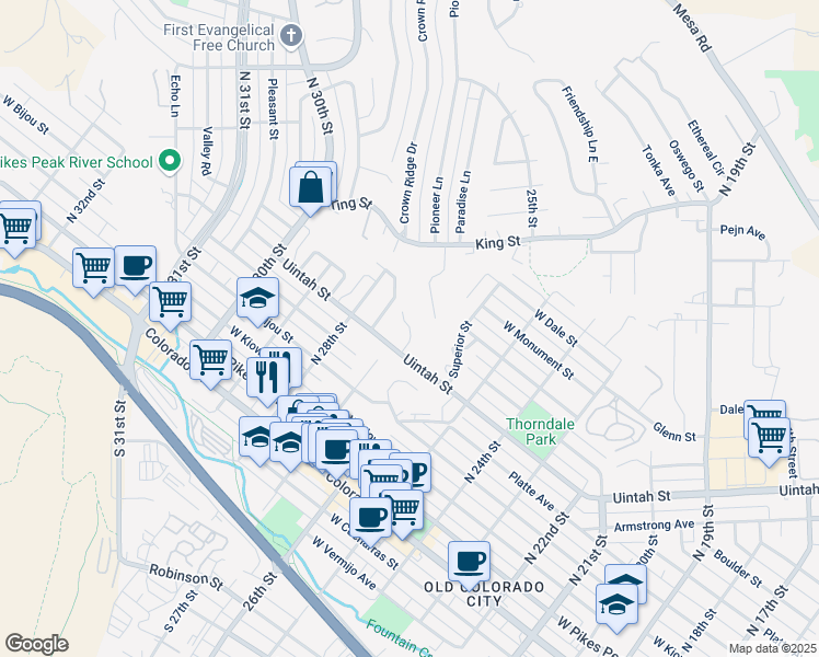 map of restaurants, bars, coffee shops, grocery stores, and more near in Colorado Springs