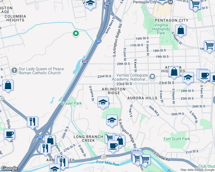 map of restaurants, bars, coffee shops, grocery stores, and more near 1316 23rd Street South in Arlington