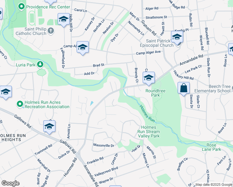 map of restaurants, bars, coffee shops, grocery stores, and more near 3399 Annandale Road in Falls Church