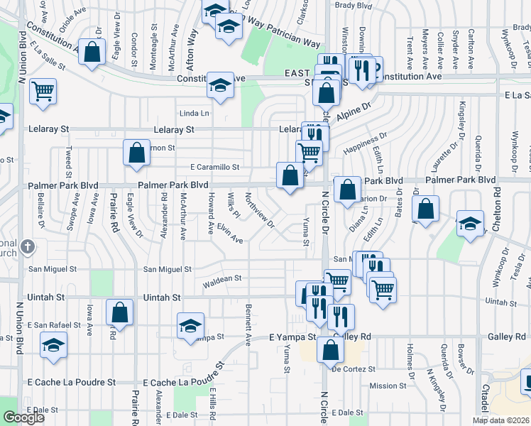 map of restaurants, bars, coffee shops, grocery stores, and more near 1407 Northview Drive in Colorado Springs