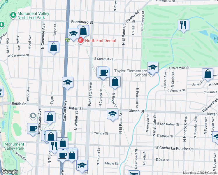 map of restaurants, bars, coffee shops, grocery stores, and more near 1352 Lindenwood Grove in Colorado Springs