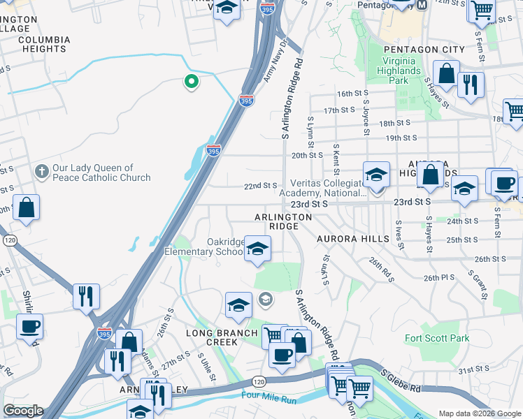 map of restaurants, bars, coffee shops, grocery stores, and more near 2302 South Nash Street in Arlington