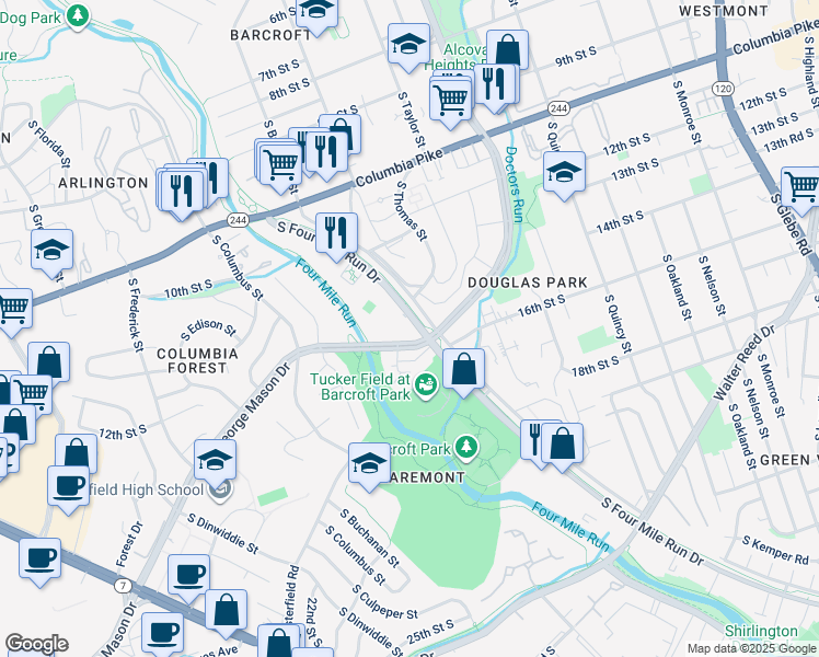 map of restaurants, bars, coffee shops, grocery stores, and more near 1502 South George Mason Drive in Arlington