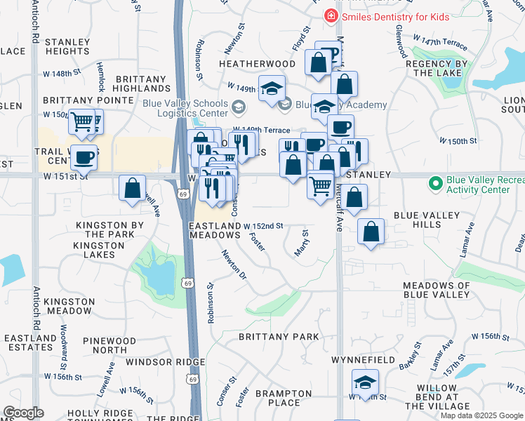 map of restaurants, bars, coffee shops, grocery stores, and more near 7531 Kay Lynn Road in Overland Park
