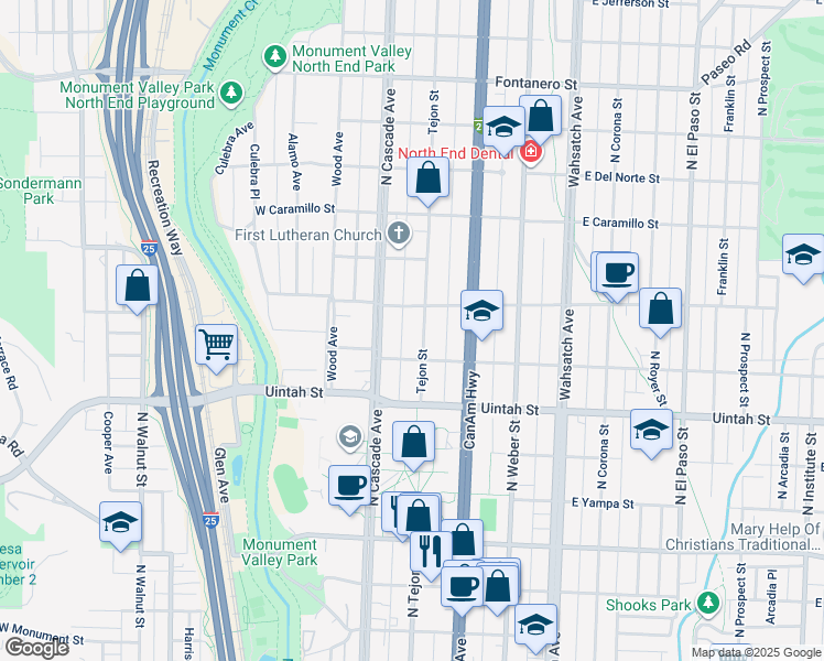 map of restaurants, bars, coffee shops, grocery stores, and more near 1324 North Tejon Street in Colorado Springs