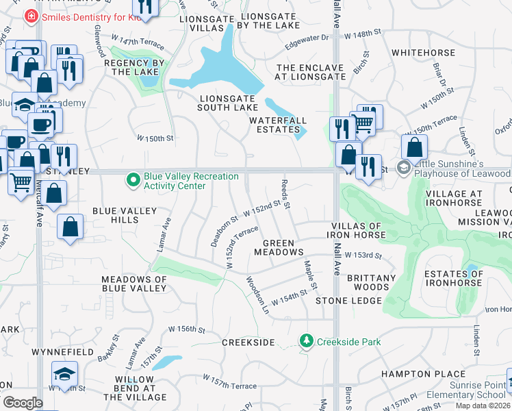 map of restaurants, bars, coffee shops, grocery stores, and more near 15125 Woodson Street in Overland Park