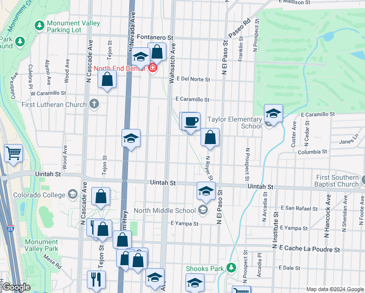 map of restaurants, bars, coffee shops, grocery stores, and more near 1332 North Corona Street in Colorado Springs