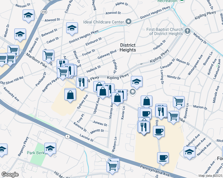 map of restaurants, bars, coffee shops, grocery stores, and more near 2706 Edfeldt Drive in District Heights