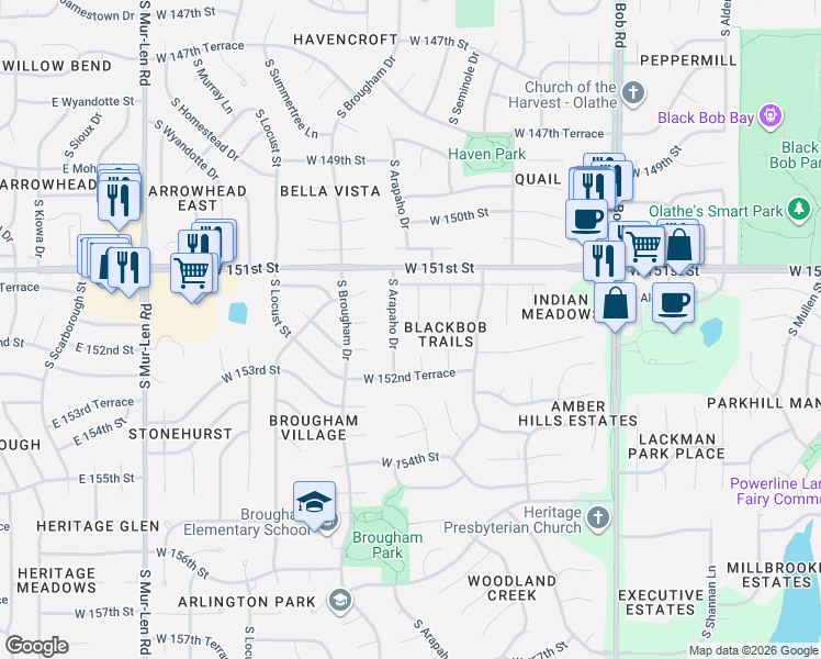 map of restaurants, bars, coffee shops, grocery stores, and more near 15125 South Navaho Drive in Olathe