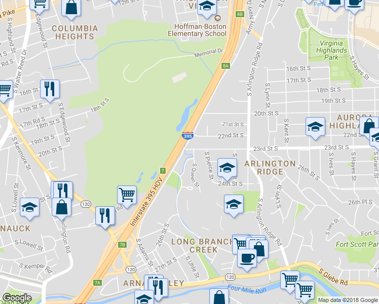 map of restaurants, bars, coffee shops, grocery stores, and more near 1704 23rd Street South in Arlington