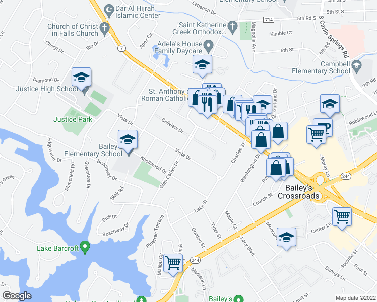 map of restaurants, bars, coffee shops, grocery stores, and more near 6034 Vista Drive in Bailey's Crossroads