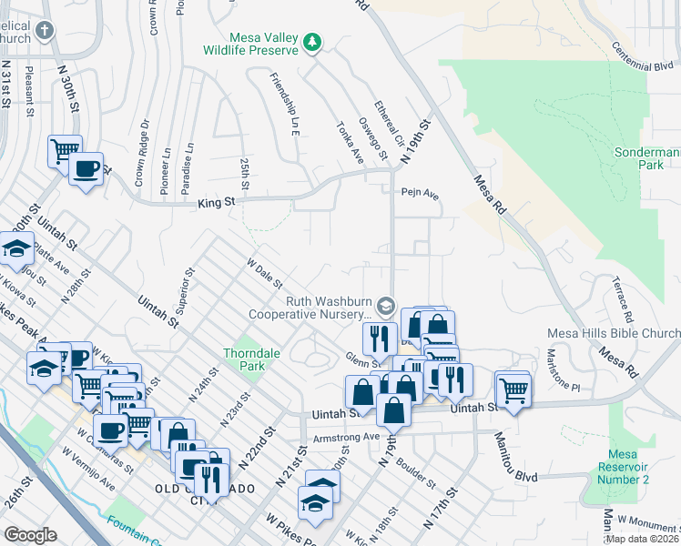 map of restaurants, bars, coffee shops, grocery stores, and more near 980 Columbine Avenue in Colorado Springs
